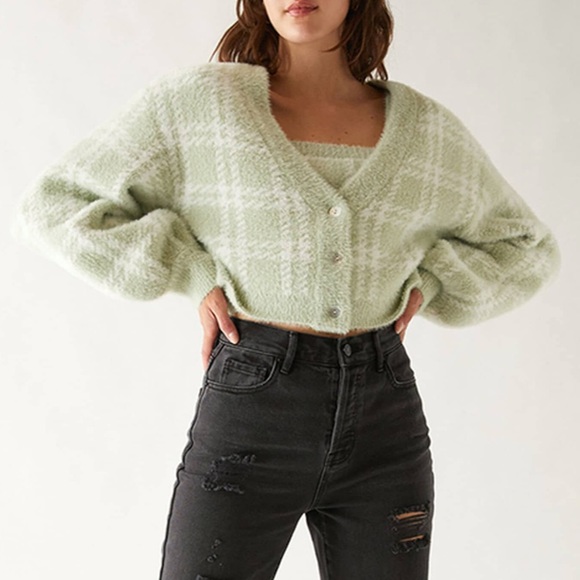 Kendall Kylie Pacsun Green Plaid Fuzzy 